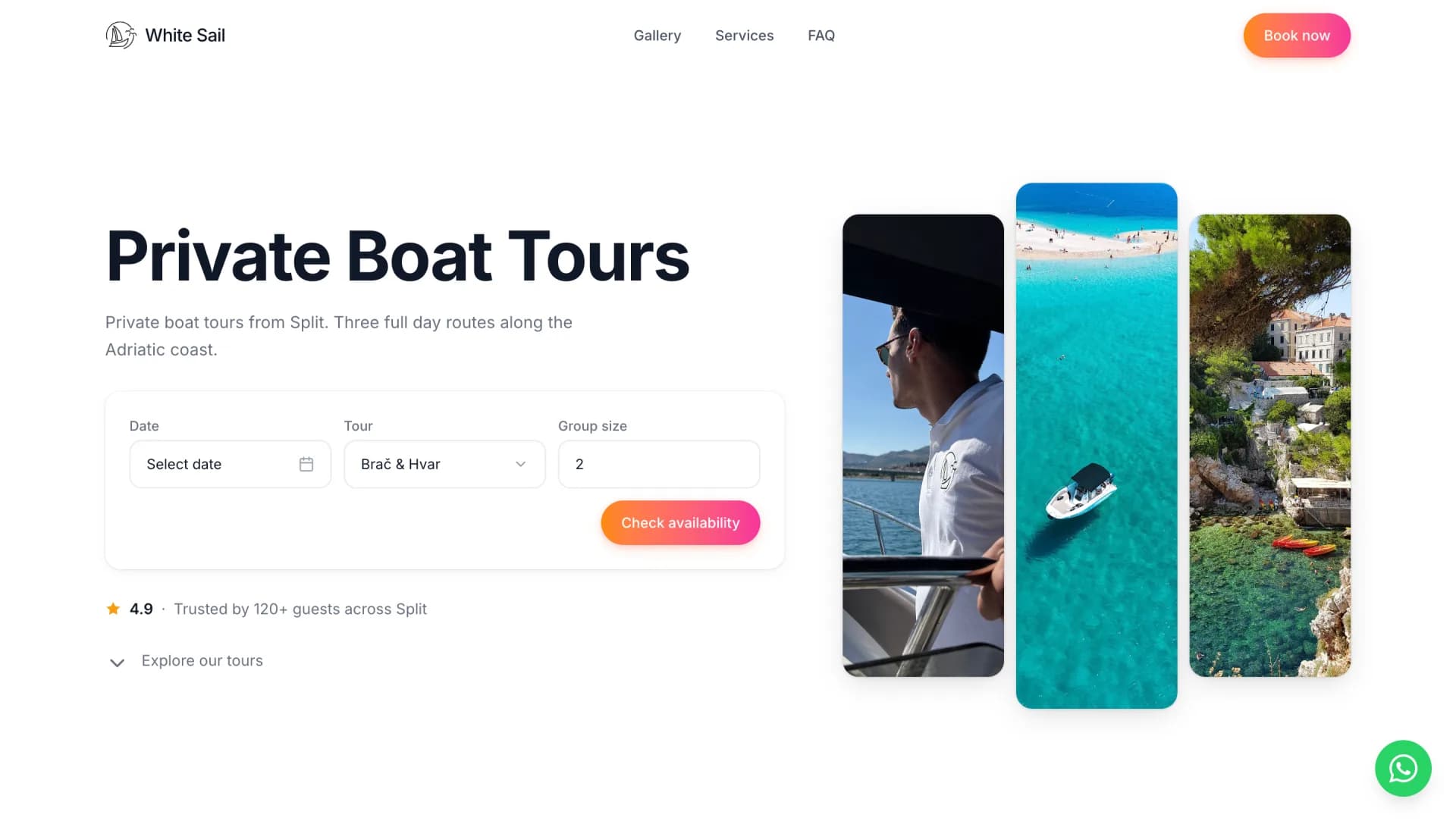 White Sail Split Private Boat Tours landing page